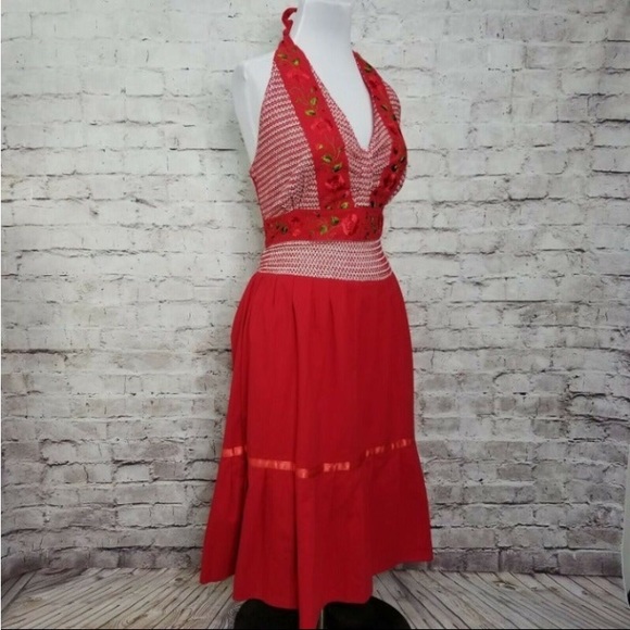 Vintage 60s Red Halter Dress Floral - Picture 6 of 6